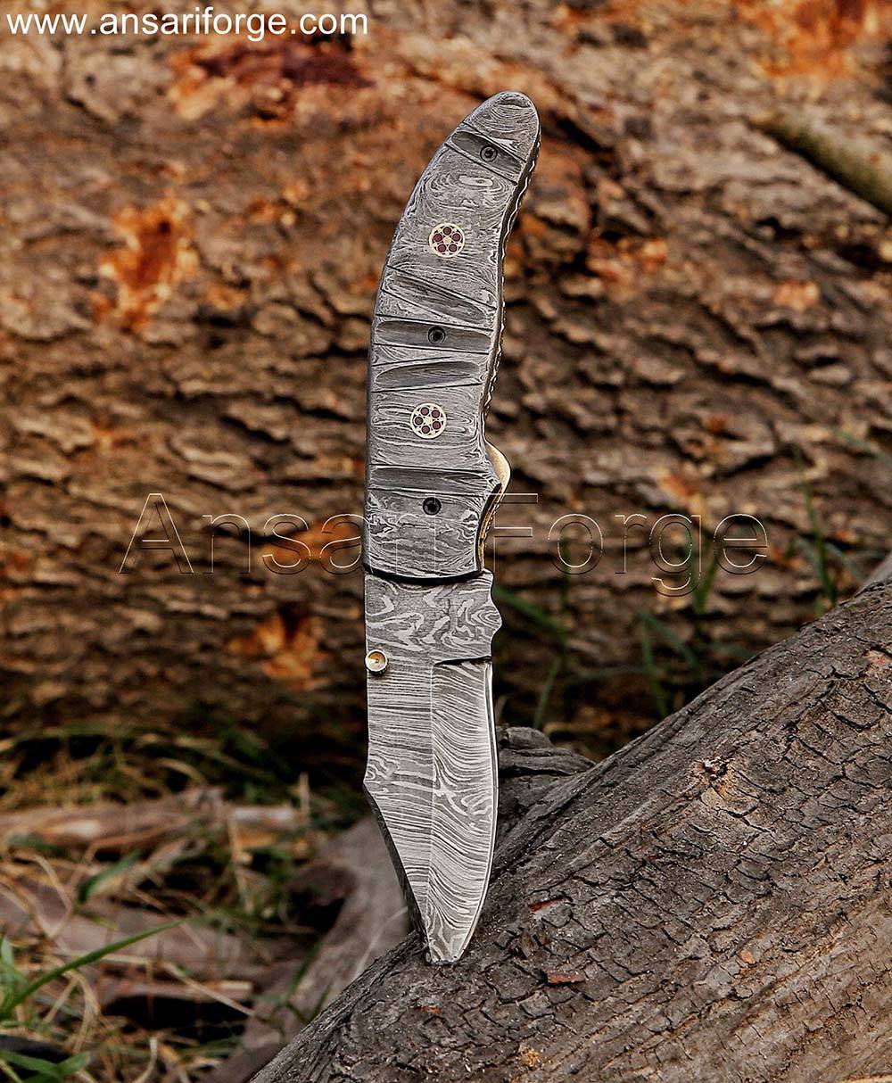 Handmade Damascus Pocket Knife with Clip and Sheath - showcasing the knife's overall design and craftsmanship.