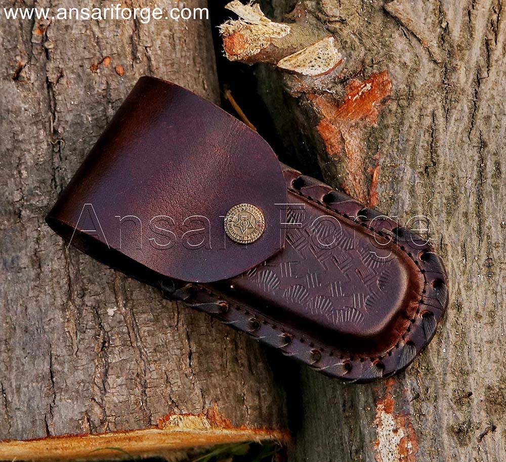Handmade Damascus Pocket Knife with Clip and Sheath - showcasing the knife's overall design and craftsmanship.