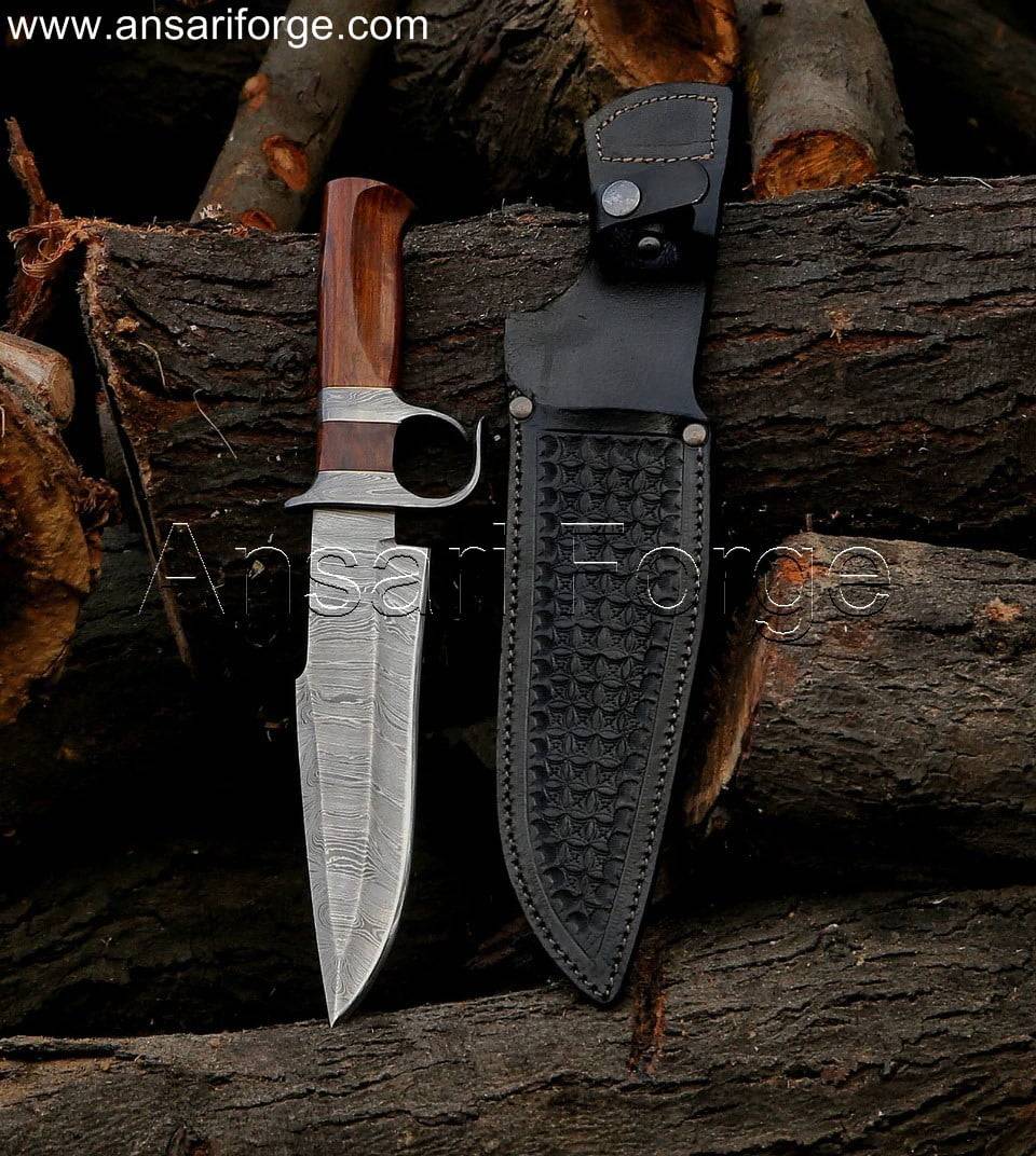 Hand Forged Damascus Bowie Knife With Leather Sheath