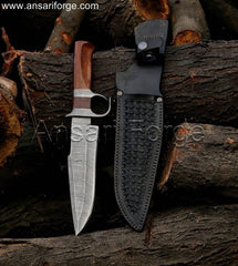 Hand Forged Damascus Bowie Knife With Leather Sheath