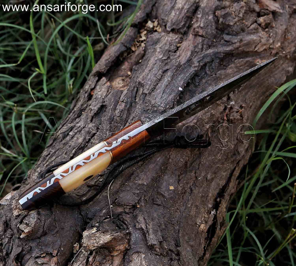 Hunter's Edge Damascus Skinning Knife - Hand-forged Damascus steel blade with fire pattern for exceptional sharpness.