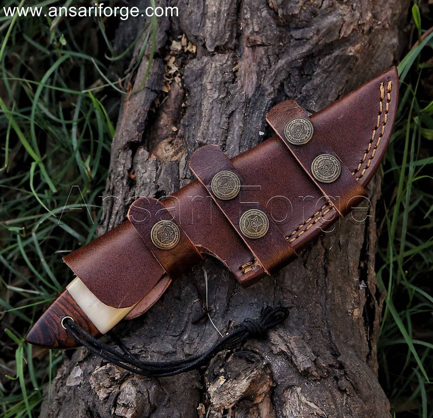 Hunter's Edge Skinner 8.5" Fixed Blade Damascus Skinning Knife With Bone Handle & Horizontal Leather Sheath