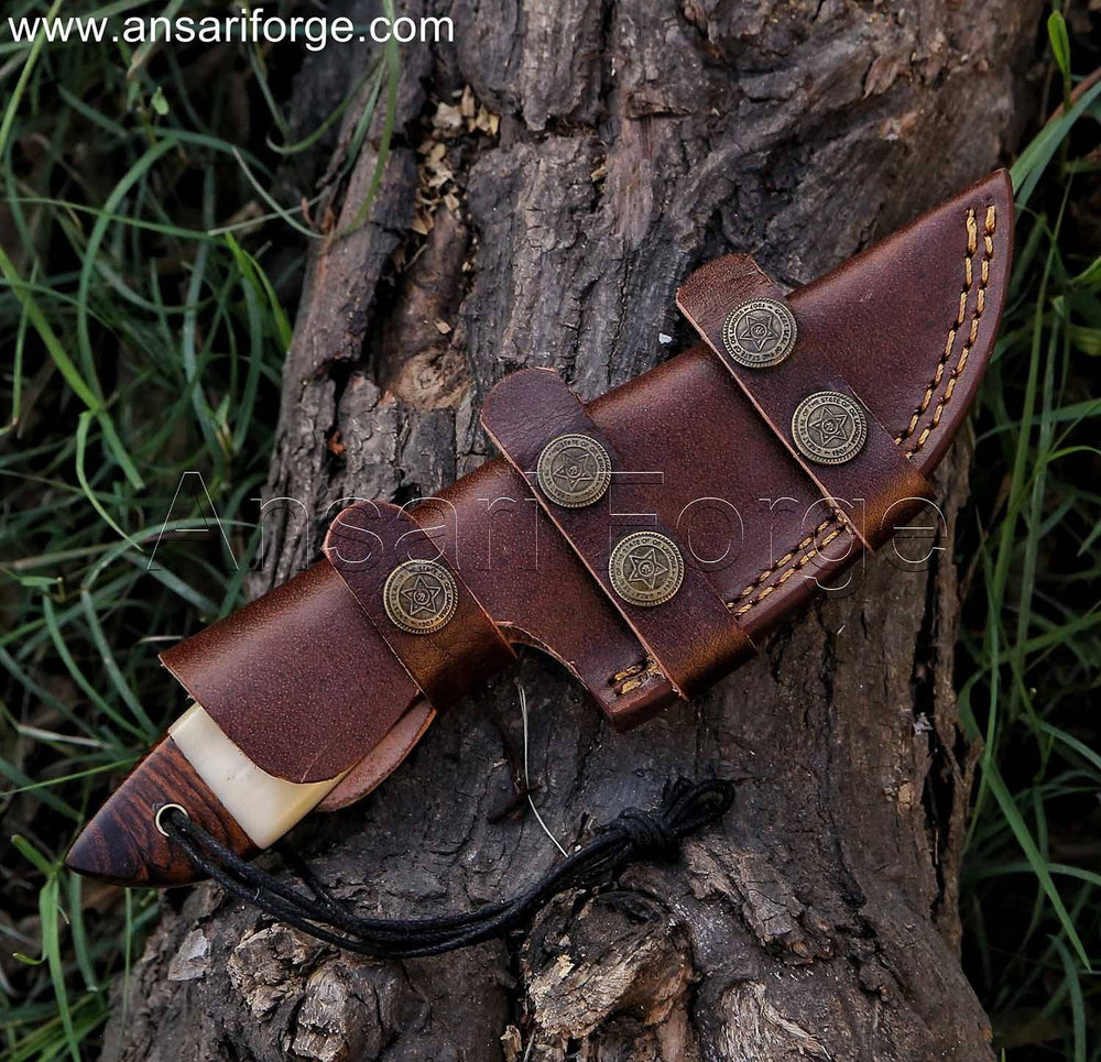 Hunter's Edge Skinner 8.5" Fixed Blade Damascus Skinning Knife With Bone Handle & Horizontal Leather Sheath