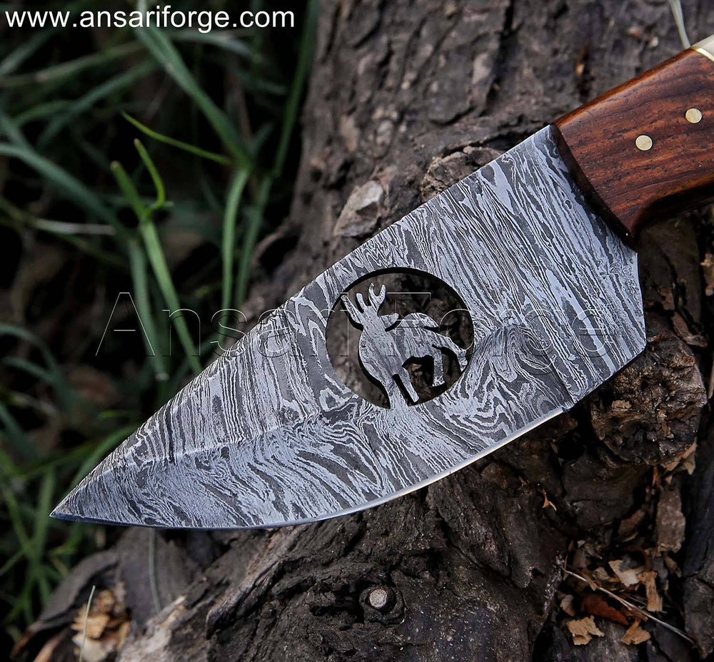 Hunter's Edge Damascus Skinning Knife - Hand-forged Damascus steel blade with fire pattern for exceptional sharpness.