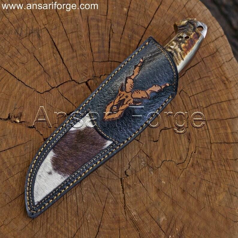 Markhor Hunter Damascus Steel Knife In Handmade LEather Sheath