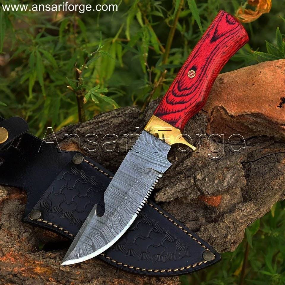 Ruby Ranger 9" Damascus Gut Hook Knife With Sheath