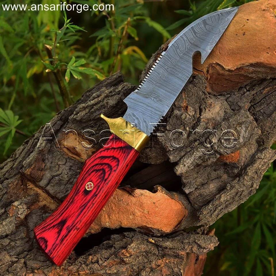 Ruby Ranger 9" Deer Gut Hook Knife With Damascus Steel Blade & Red wood handle