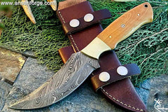 Handmade Damascus steel hunting knife olive wood handle and leather sheath