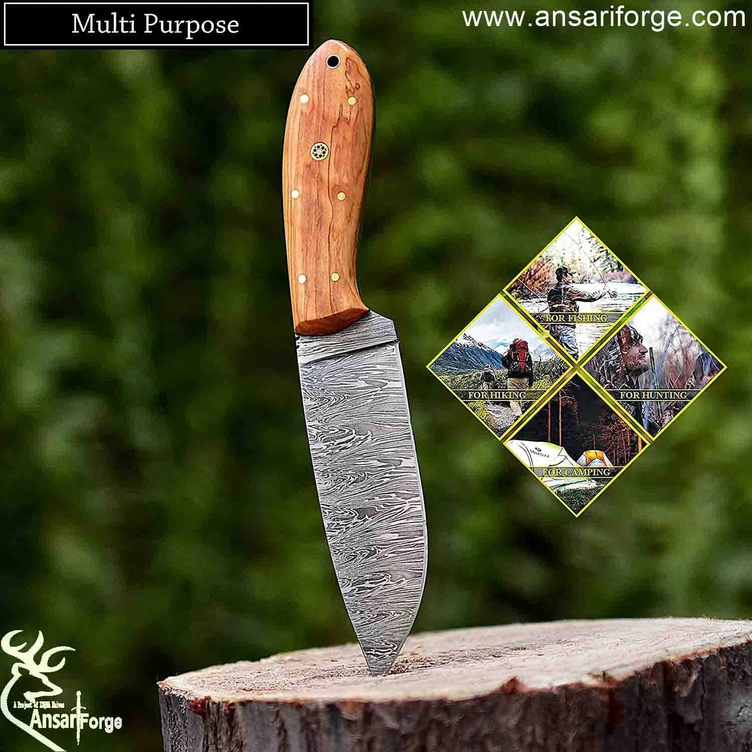 Hand Forged Damascus Steel Hunting Knife with Leather Sheath, Olive Wood Handle - 9 Inches Full Tang Multipurpose Fixed Blade Skinner Knife AF102