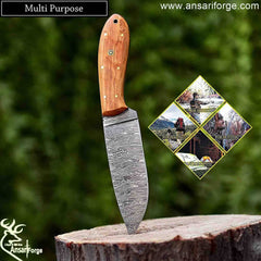 Hand Forged Damascus Steel Hunting Knife with Leather Sheath, Olive Wood Handle - 9 Inches Full Tang Multipurpose Fixed Blade Skinner Knife AF102