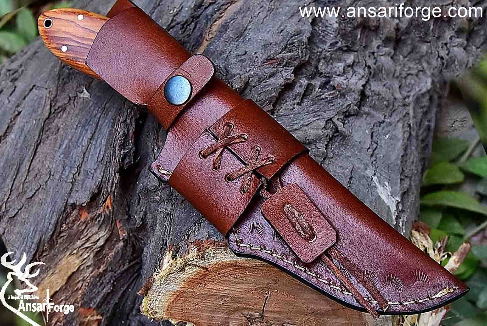 Hand Forged Damascus Steel Hunting Knife with Leather Sheath, Olive Wood Handle - 9 Inches Full Tang Multipurpose Fixed Blade Skinner Knife AF102