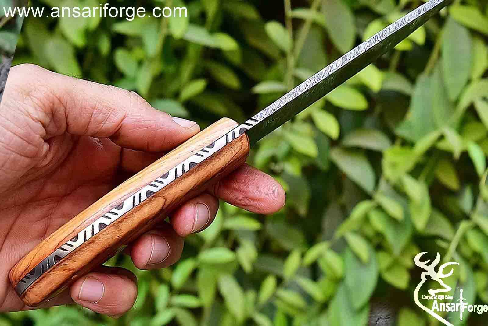 Hand Forged Damascus Steel Hunting Knife with Leather Sheath, Olive Wood Handle - 9 Inches Full Tang Multipurpose Fixed Blade Skinner Knife AF102