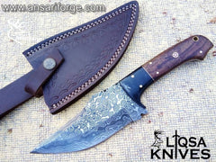 Handmade Damascus Steel Hunting Knife with Raindrop Pattern, Buffalo Horn Bolsters, Rosewood Handle & leather sheath