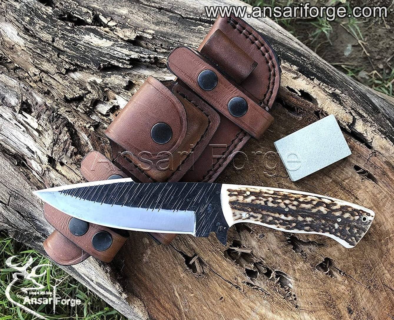 1095 steel hunting knife with stag handle & cowhide leather sheath