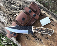 1095 steel hunting knife with stag handle & cowhide leather sheath
