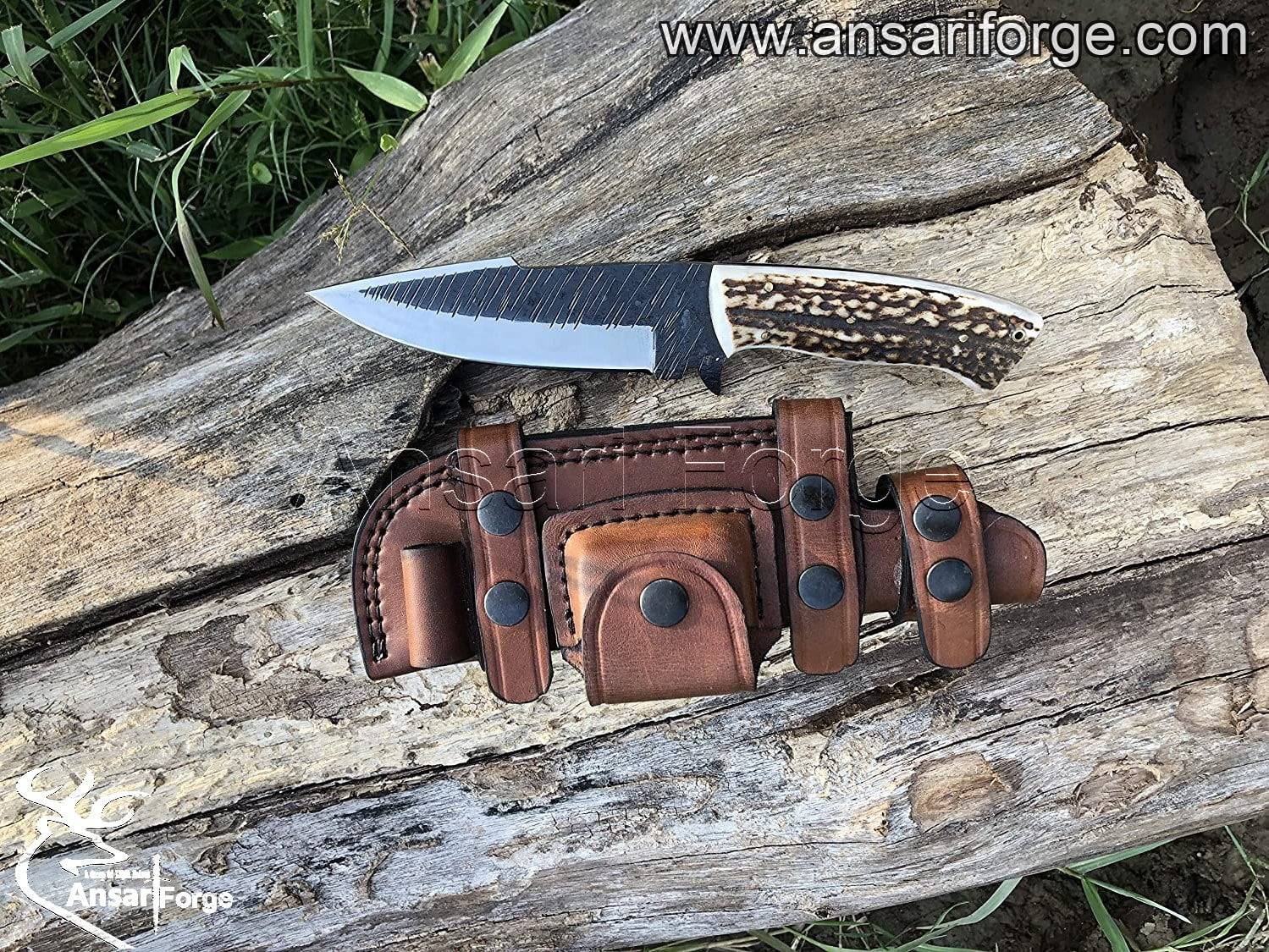 Natural stag antler handle on hand forged 1095 steel knife with scout carry leather sheath.