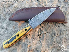 Best knife Damascus hunting skinning knife with leather sheath Best Fixed Blade Buck knives for men