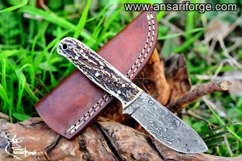 Damascus steel hunting knife with stag handle