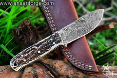 Damascus steel hunting knife with stag handle