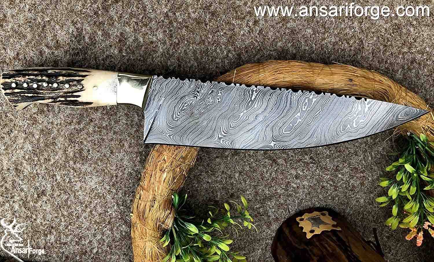 Damascus Kitchen Chef Knives Stag Handle 8 " inches with leather sheath