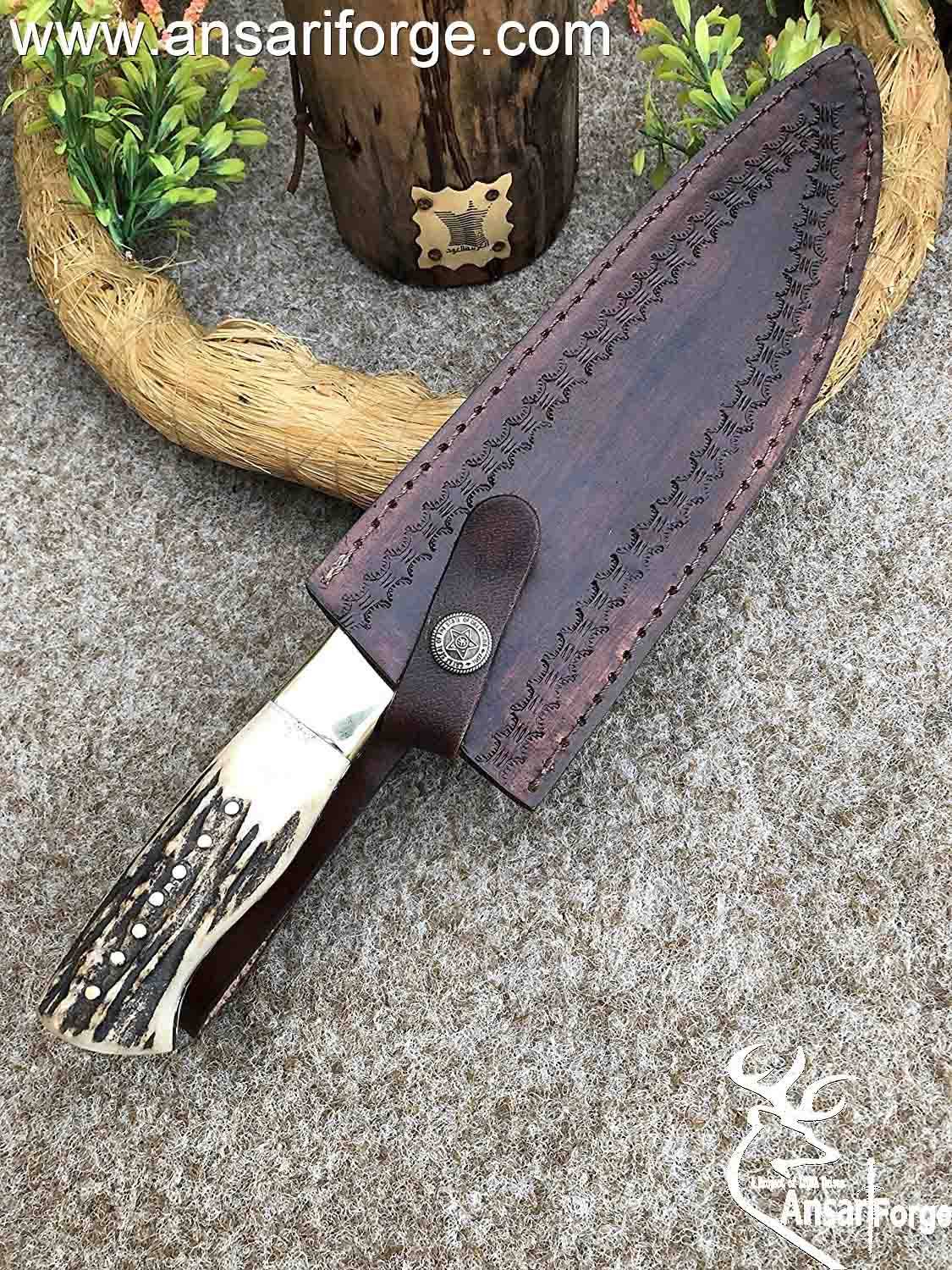 Damascus Kitchen Chef Knives Stag Handle 8 " inches with leather sheath