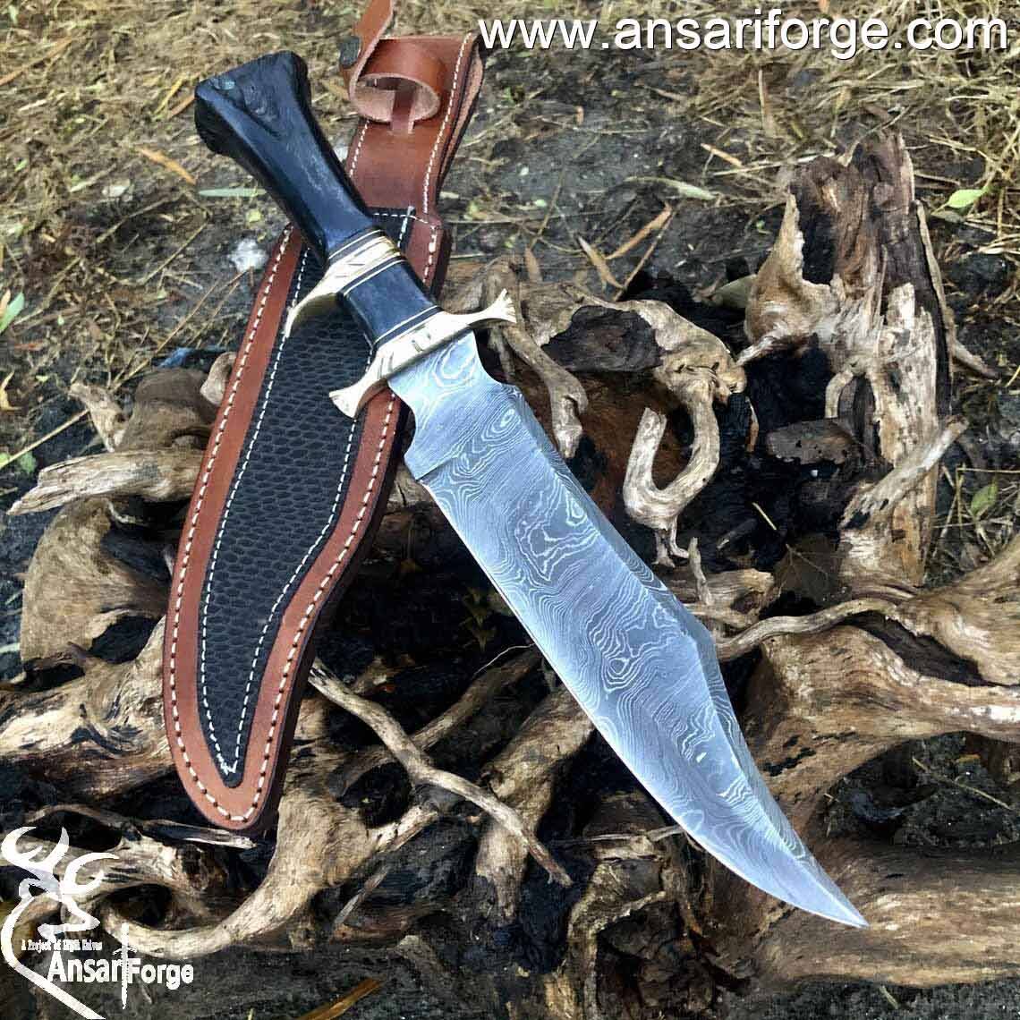 Handmade Damascus Steel Fixed Blade Bone Handle Bowie Knife With Sheath