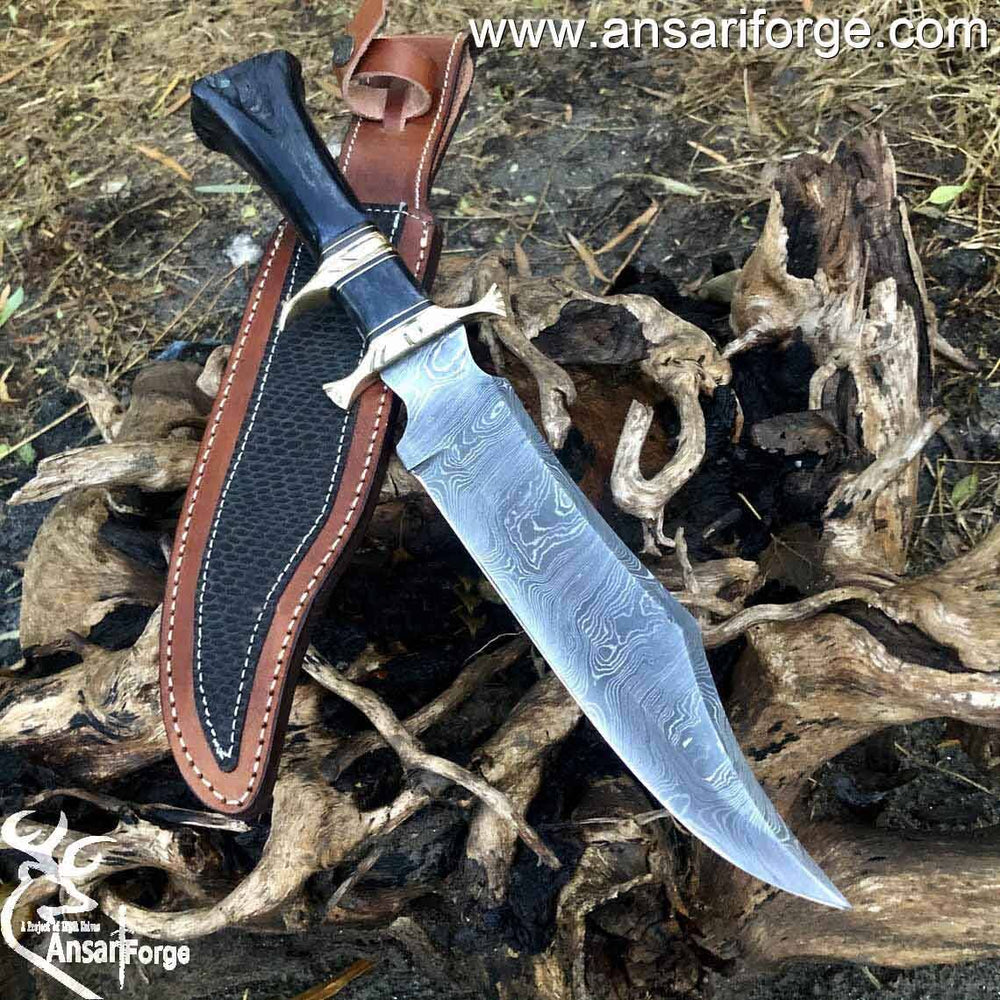 Handmade Damascus Steel Fixed Blade Bone Handle Bowie Knife With Sheath