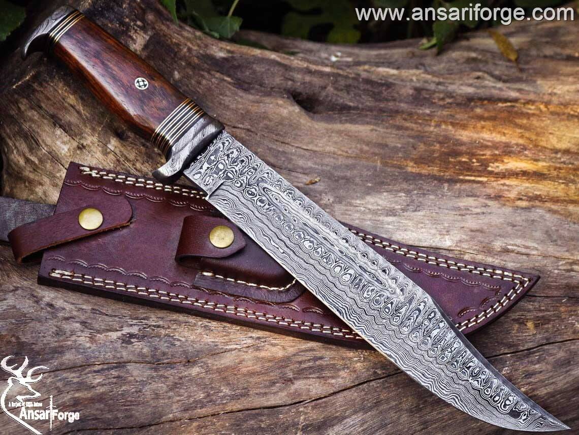 Custom Handmade Forged Damascus Steel Bowie Hunting Knife With Sheath