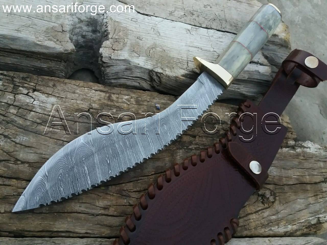 Best Damascus Kukri Knife Custom Made Kukri Machete With Bone Handle And Leather Sheath
