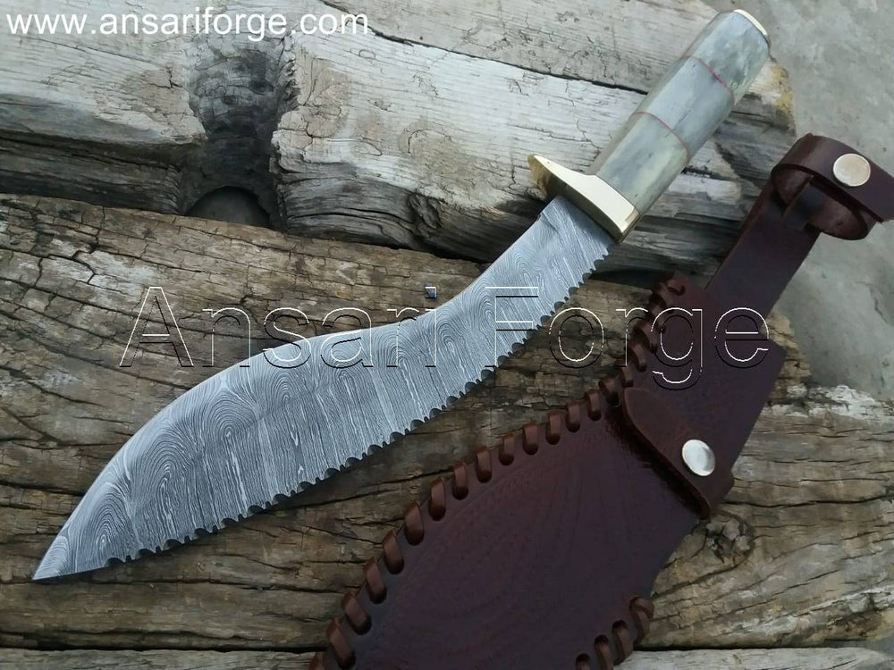 Best Damascus Kukri Knife Custom Made Kukri Machete With Bone Handle And Leather Sheath