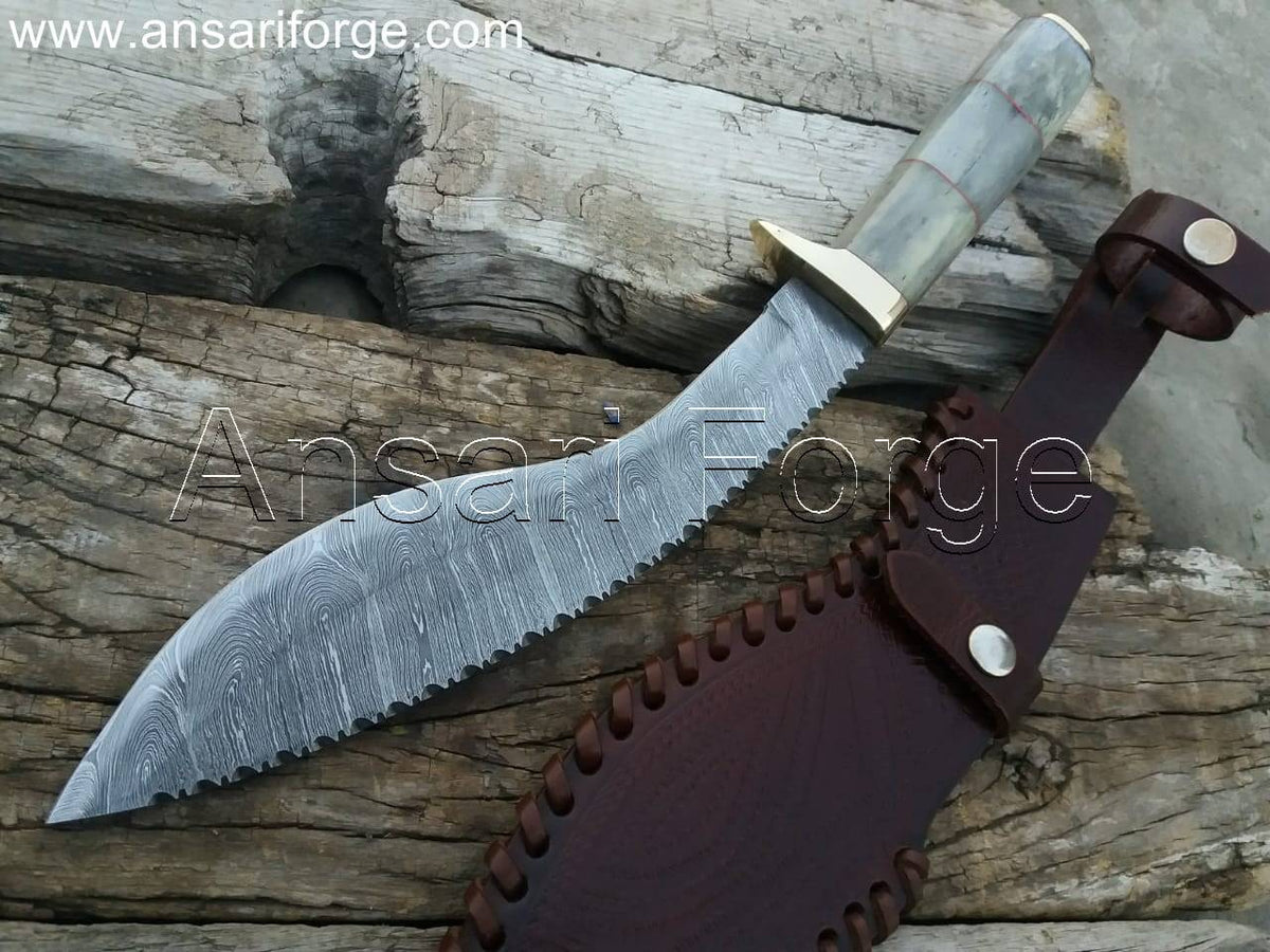 Best Damascus Kukri Knife Custom Made Kukri Machete With Bone Handle And Leather Sheath
