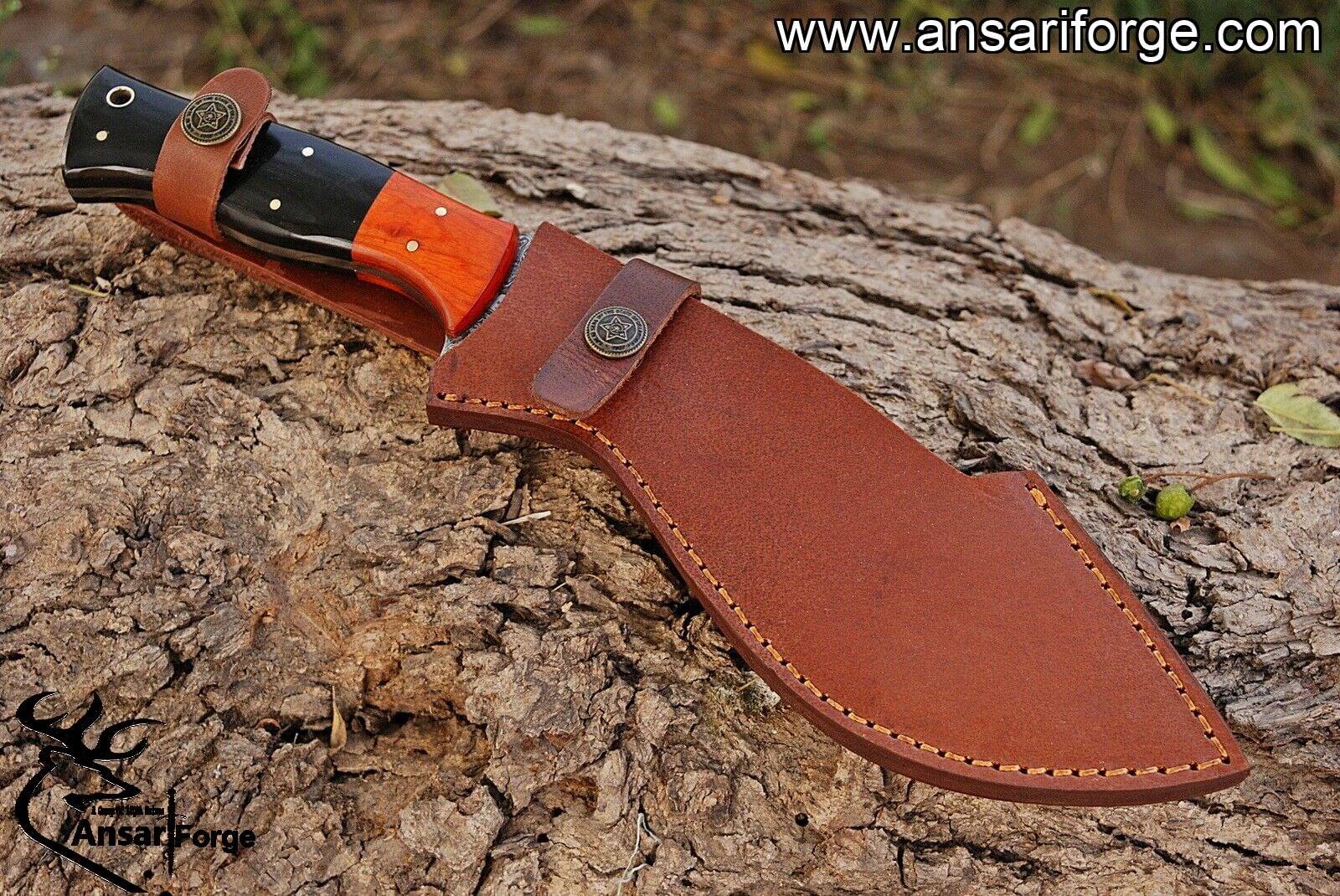 Hand-forged Damascus steel hunting knife with a curved blade, buffalo horn handle, and Pakka wood bolsters.
