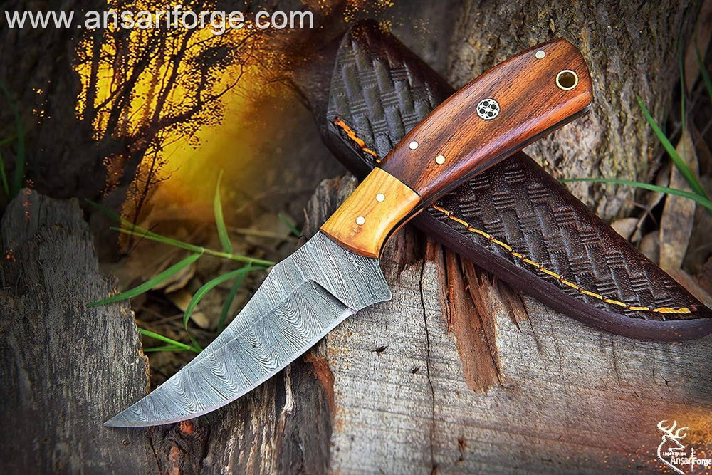 Custom made Damascus steel hunting knife Damascus steel 1095 & 15n20 hand forged twisted blade with 58 - 60 HRC hardness , Olivewood bolsters & rosewood handle  Comes with genuine cowhide leather sheath 