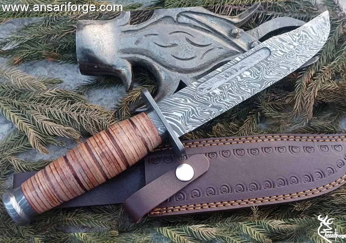 Ansari Forge Damascus Steel USMC Combat Fighter Fixed Blade Hunting Knife With Sheath Prototype