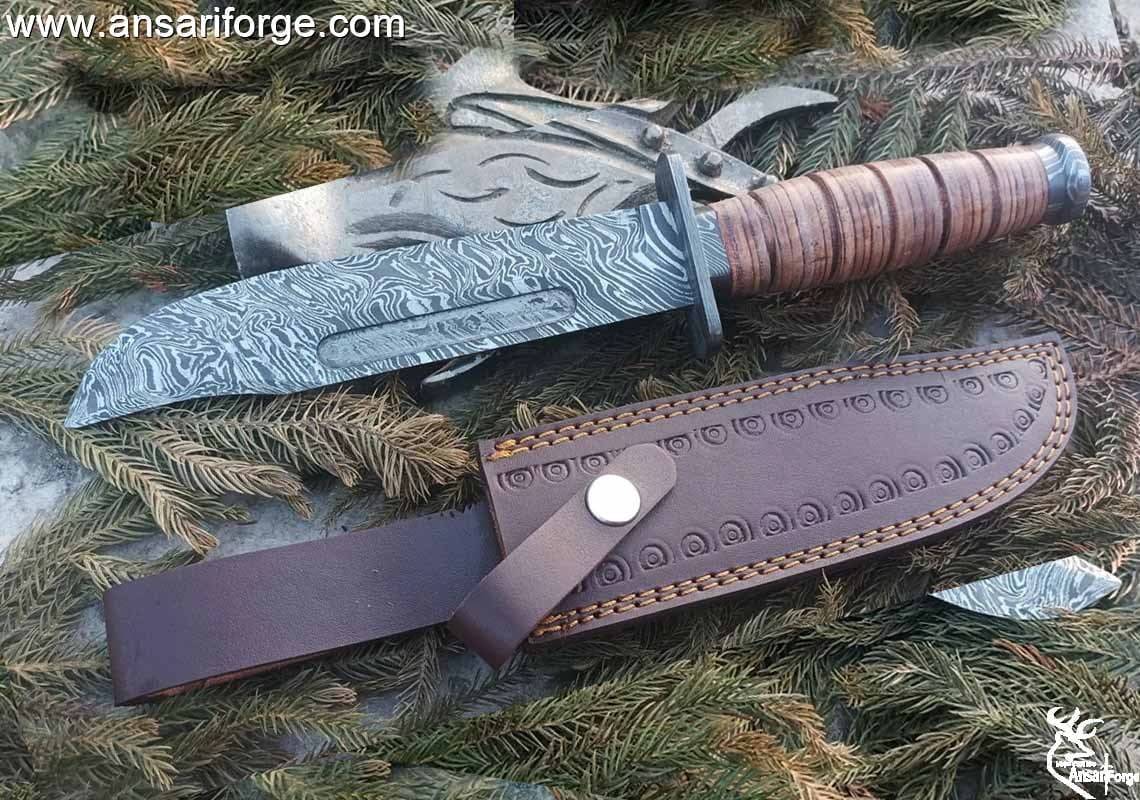Ansari Forge Damascus Steel USMC Combat Fighter Fixed Blade Hunting Knife With Sheath Prototype