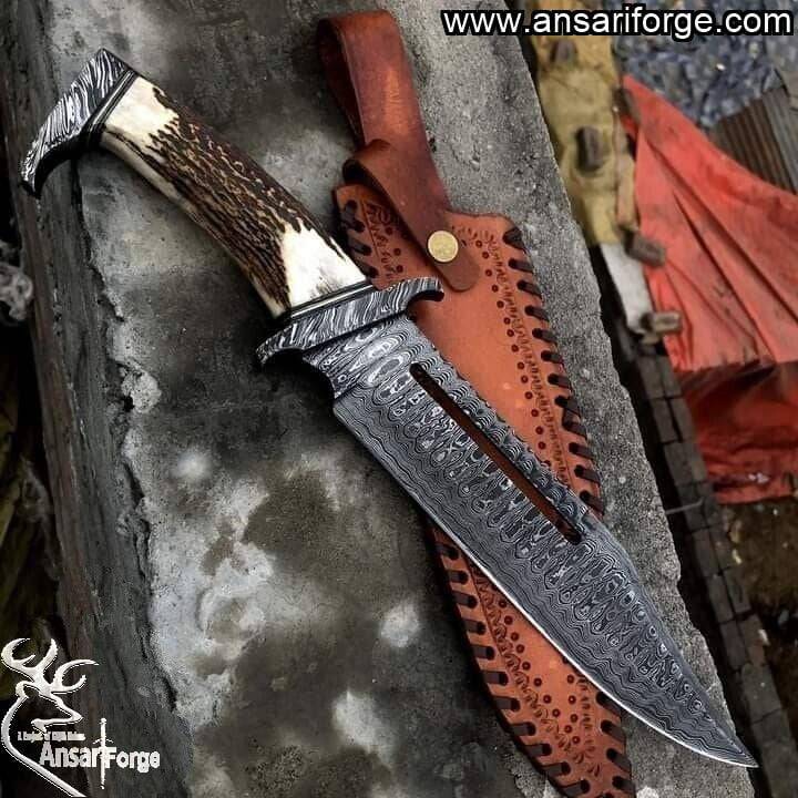 Custom Made Damascus Steel Bowie Knife - Stag Handle Hunting Knife With Sheath