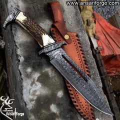 Custom Made Damascus Steel Bowie Knife - Stag Handle Hunting Knife With Sheath