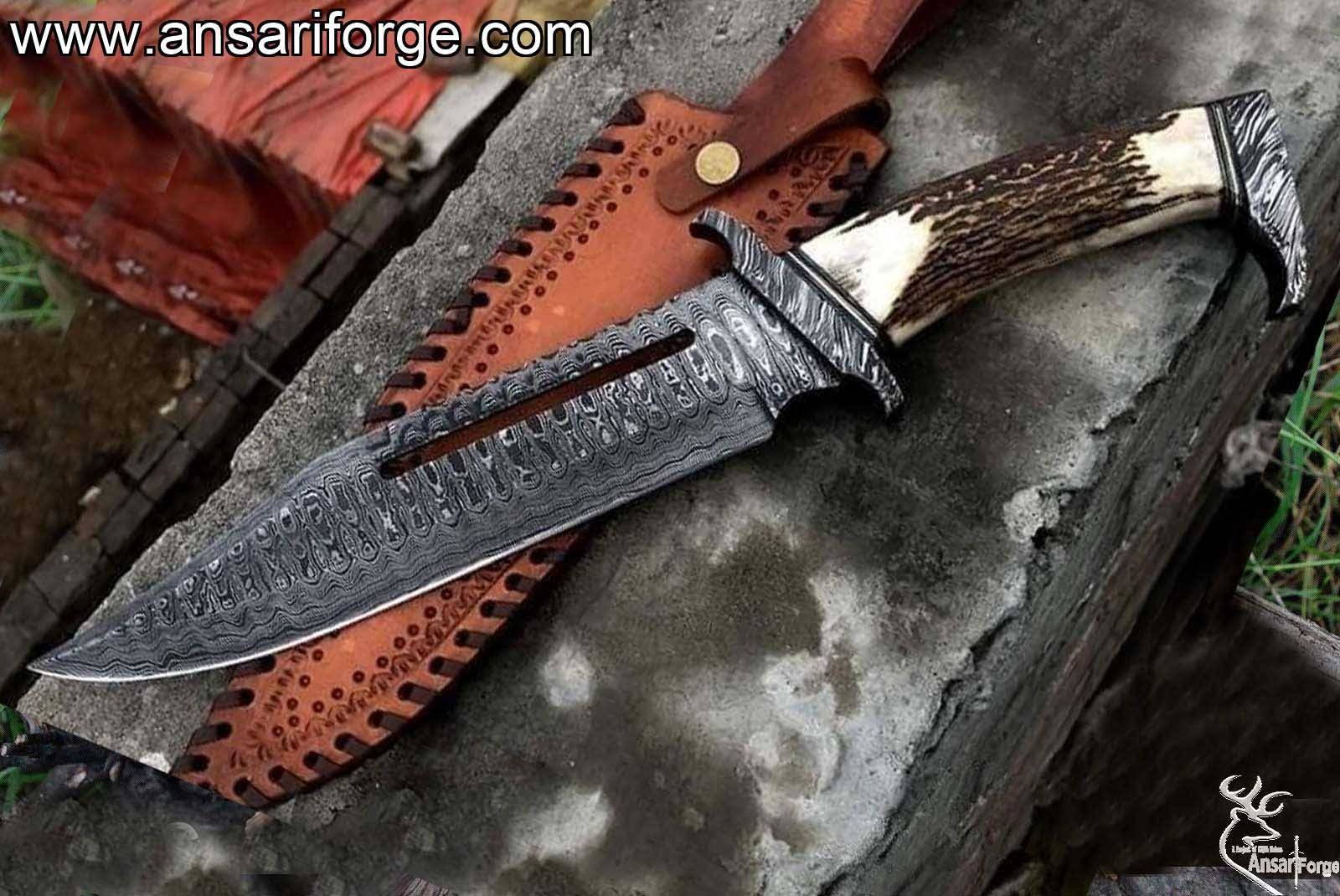 Custom Made Damascus Steel Bowie Knife - Stag Handle Hunting Knife With Sheath