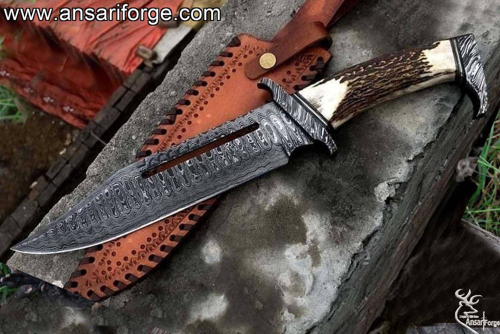 Custom Made Damascus Steel Bowie Knife - Stag Handle Hunting Knife With Sheath