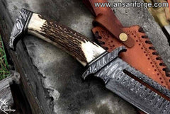 Custom Made Damascus Steel Bowie Knife - Stag Handle Hunting Knife With Sheath