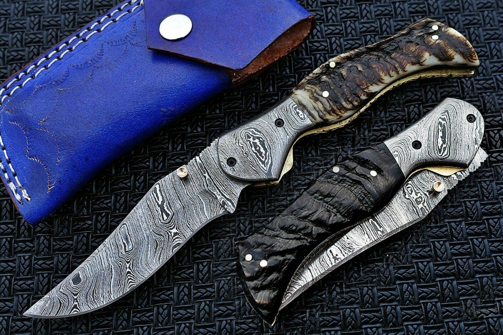 Damascus steel handmade pocket knife folding EDC blade
