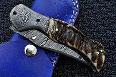 Damascus steel handmade pocket knife folding EDC blade
