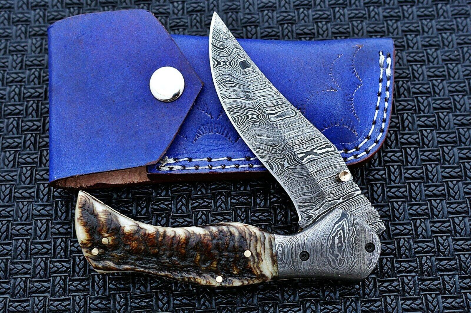 Damascus steel handmade pocket knife folding EDC blade