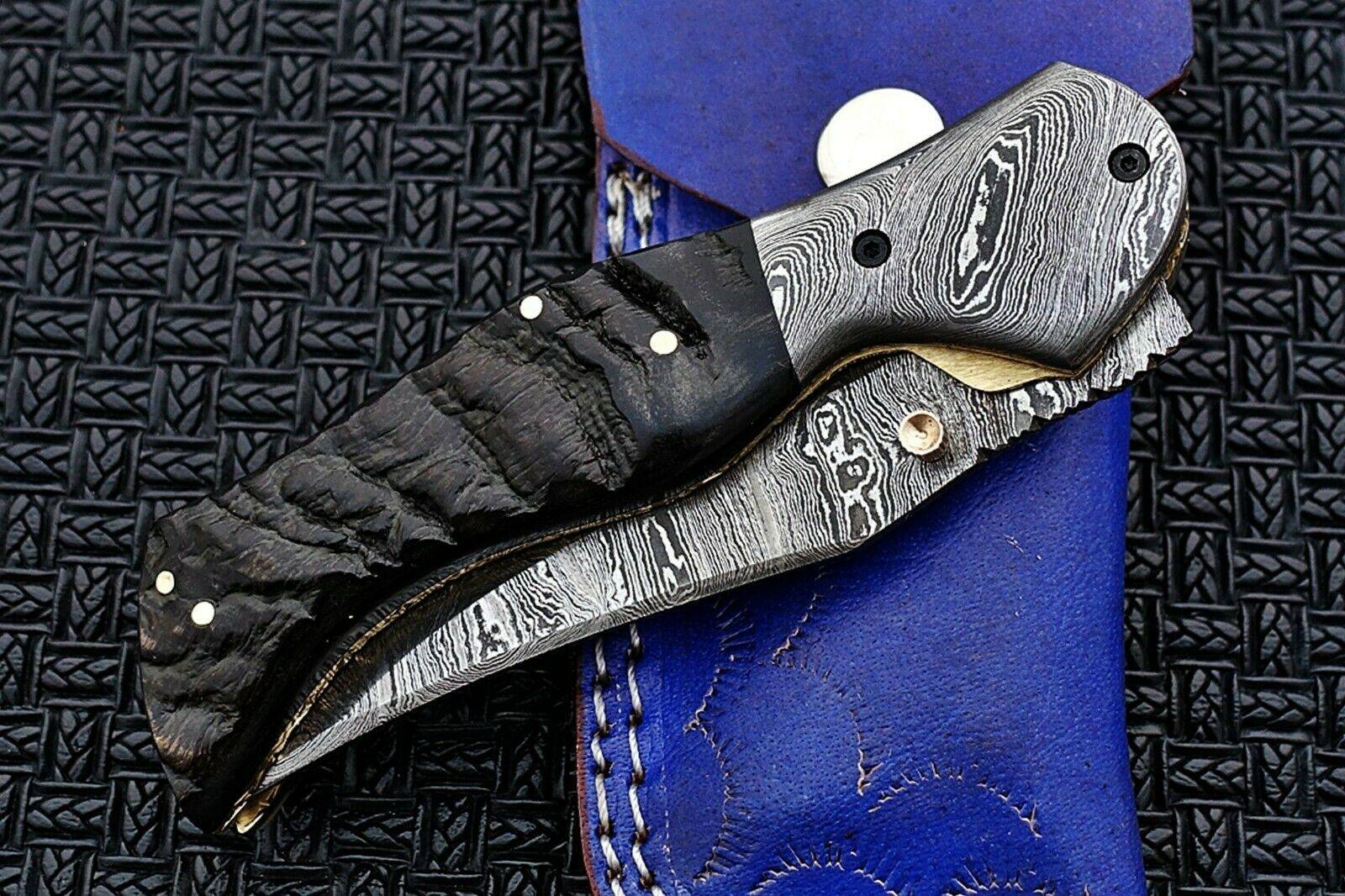 Damascus steel handmade pocket knife folding EDC blade