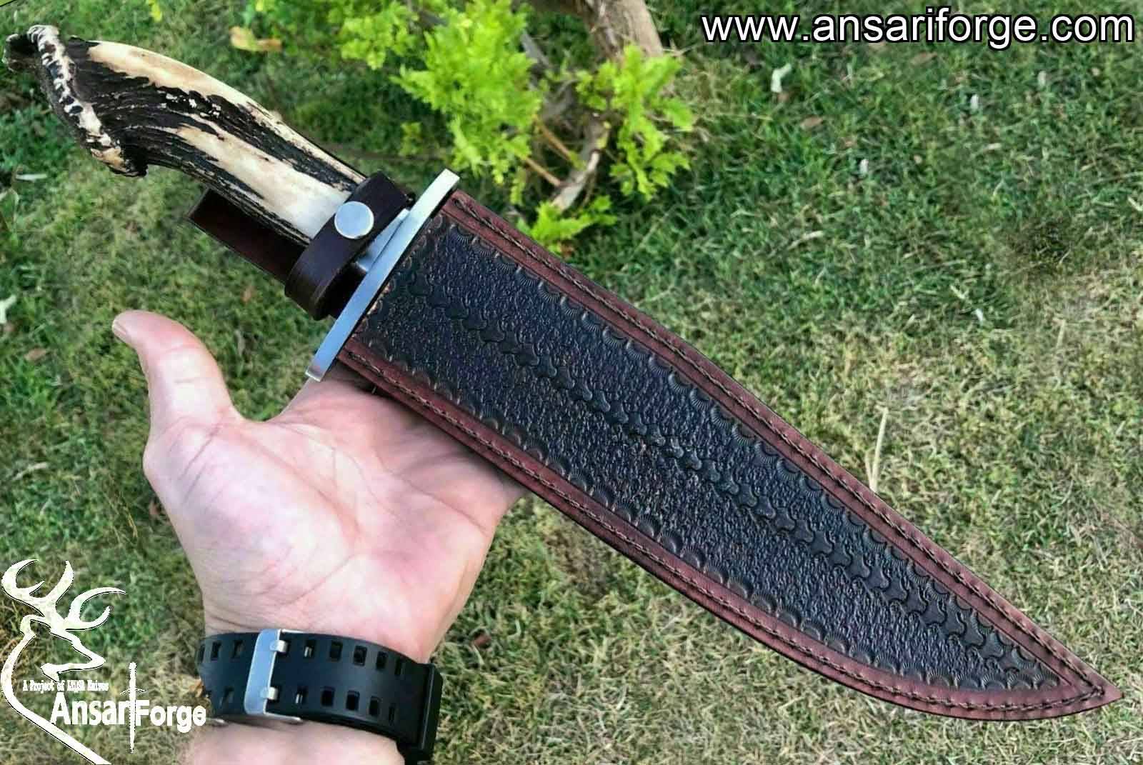 Handmade genuine cowhide leather sheath with intricate tooling artwork for a 5160 Texas Bowie Knife.