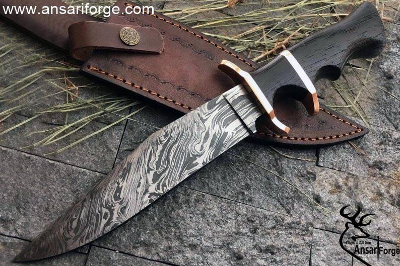 Custom Handmade Sub Hilt Damascus Steel Bowie Knife 13.0 " Inches Hunting Knife With Ebony Wood Handle And Leather Sheath .