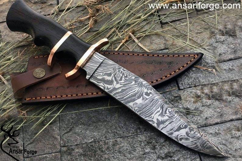 Custom Handmade Sub Hilt Damascus Steel Bowie Knife 13.0 " Inches Hunting Knife With Ebony Wood Handle And Leather Sheath