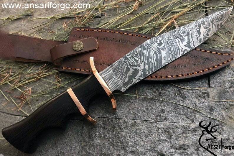 Custom Handmade Sub Hilt Damascus Steel Bowie Knife 13.0 " Inches Hunting Knife With Ebony Wood Handle And Leather Sheath