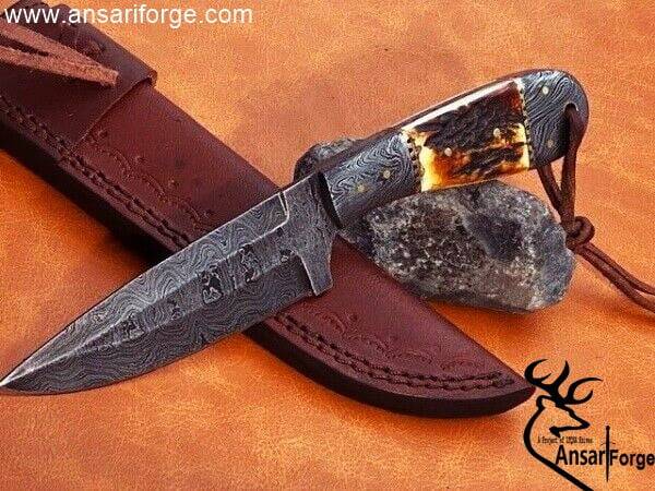 Damascus Steel hunting Knife Stag Antler Handle with Damascus Bolsters & Brass Liners – 9” Handmade Premium Quality Sharp Edge Fix Blade - Genuine Multipurpose Knife – Ideal for Hunting, Camping