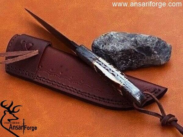 Damascus Steel hunting Knife Stag Antler Handle with Damascus Bolsters & Brass Liners – 9” Handmade Premium Quality Sharp Edge Fix Blade - Genuine Multipurpose Knife – Ideal for Hunting, Camping